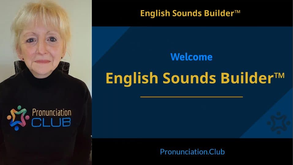 Marianne next to the welcome screen of her English Sounds Builder online course