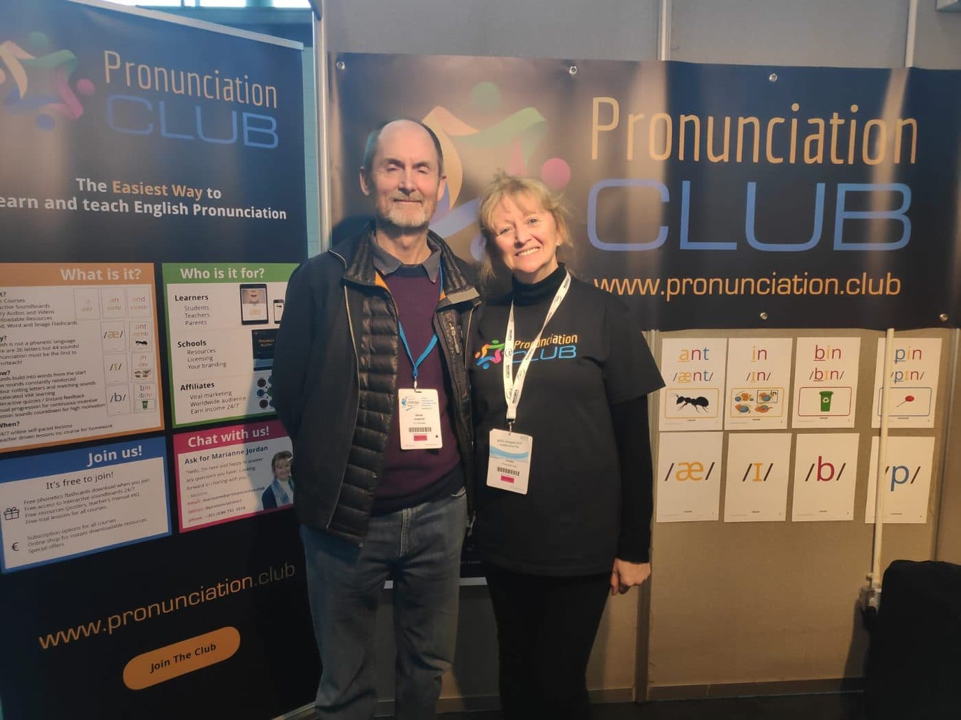 Marianne with Adrian Underhill at the Pronunciation Club stand