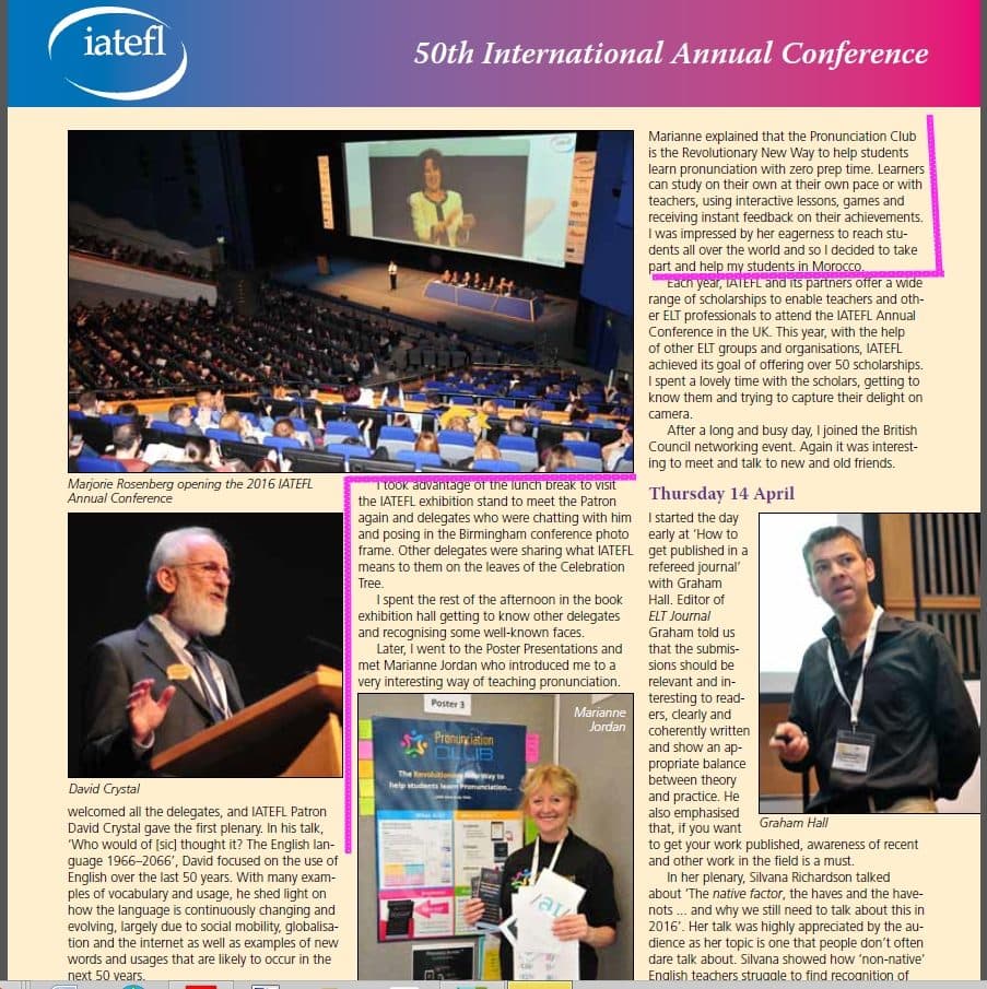 Page 16 of IATEFL Voices magazine, with a write-up of Marianne's talk at the 50th IATEFL conference